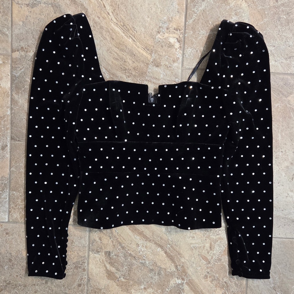 Self-Portrait Black Velvet Crystal Rhinestone Top Long Sleeve‎ Sweetheart US 4